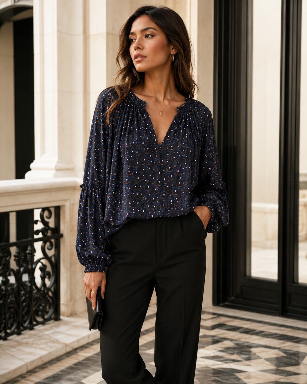 A.L.C. Boho Oversized Blouse 0 XS Navy Jenna Top Peasant Long Balloon Sleeves